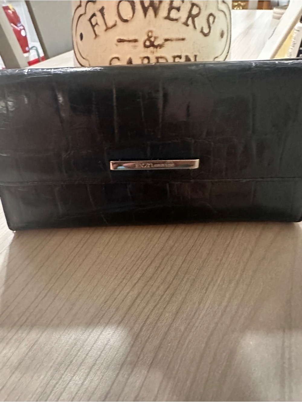 Enzo Angiolini Black Croc-Embossed Wallet with Metal Plaque